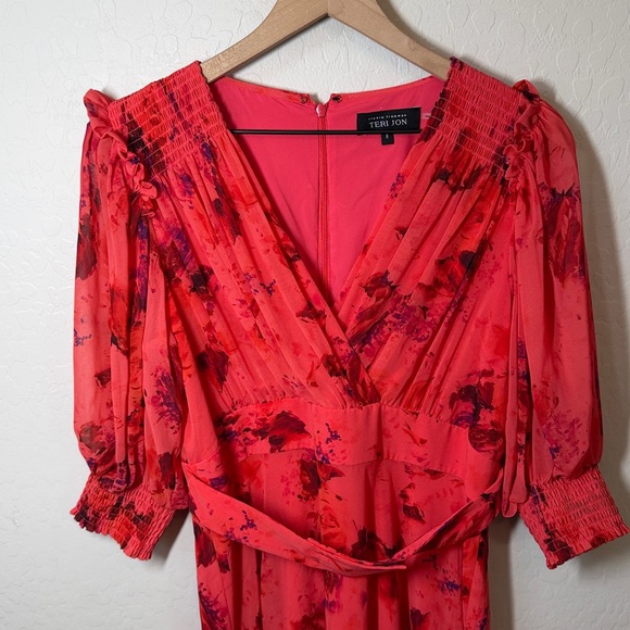 RICKIE FREEMAN FOR TERI JON Puff-Sleeve Shirred Surplice Chiffon Dress Size 8 - Picture 4 of 7